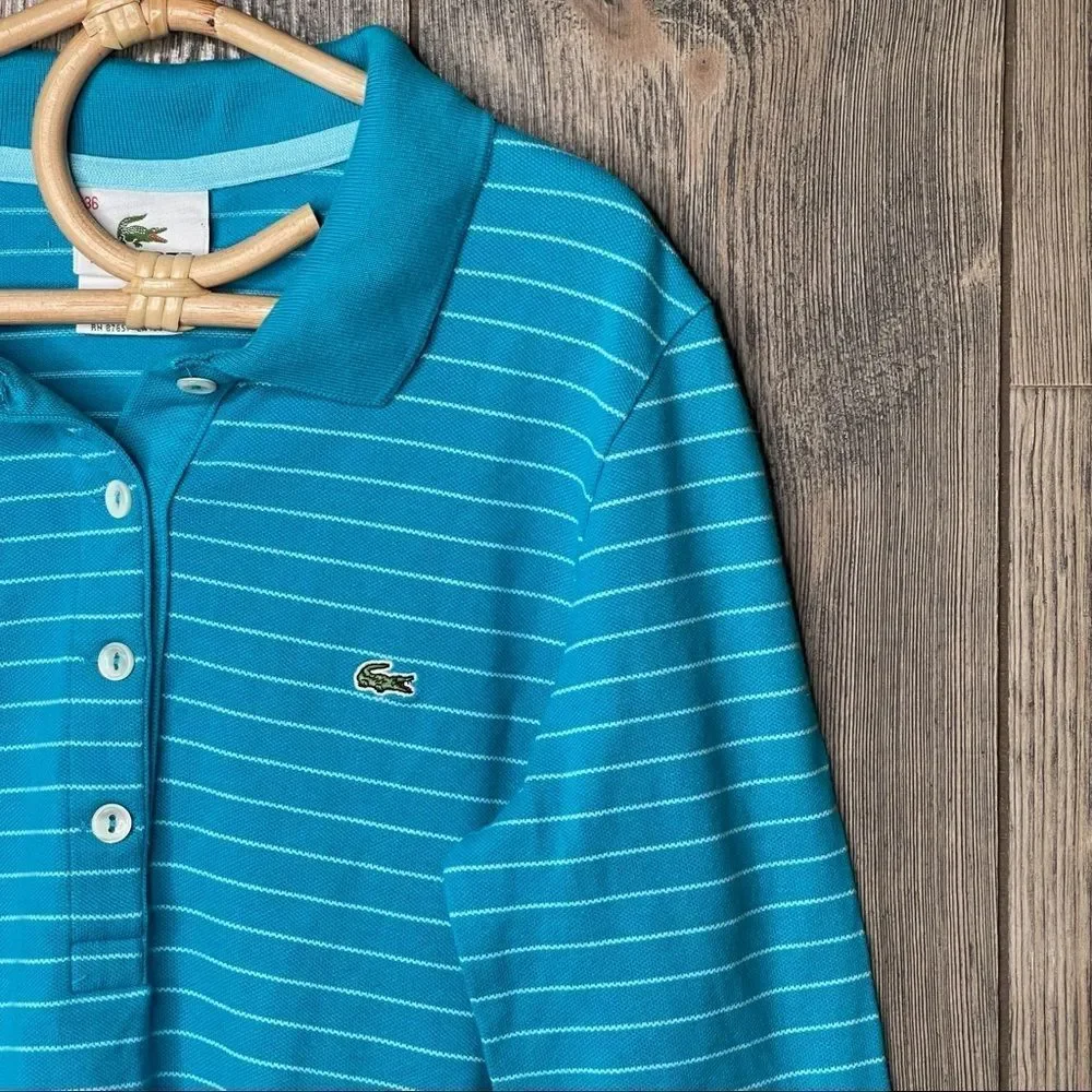 SOLD Lacoste polo shirt long sleeve collared golf top turquoise blue 10 - Picture 6 of 13